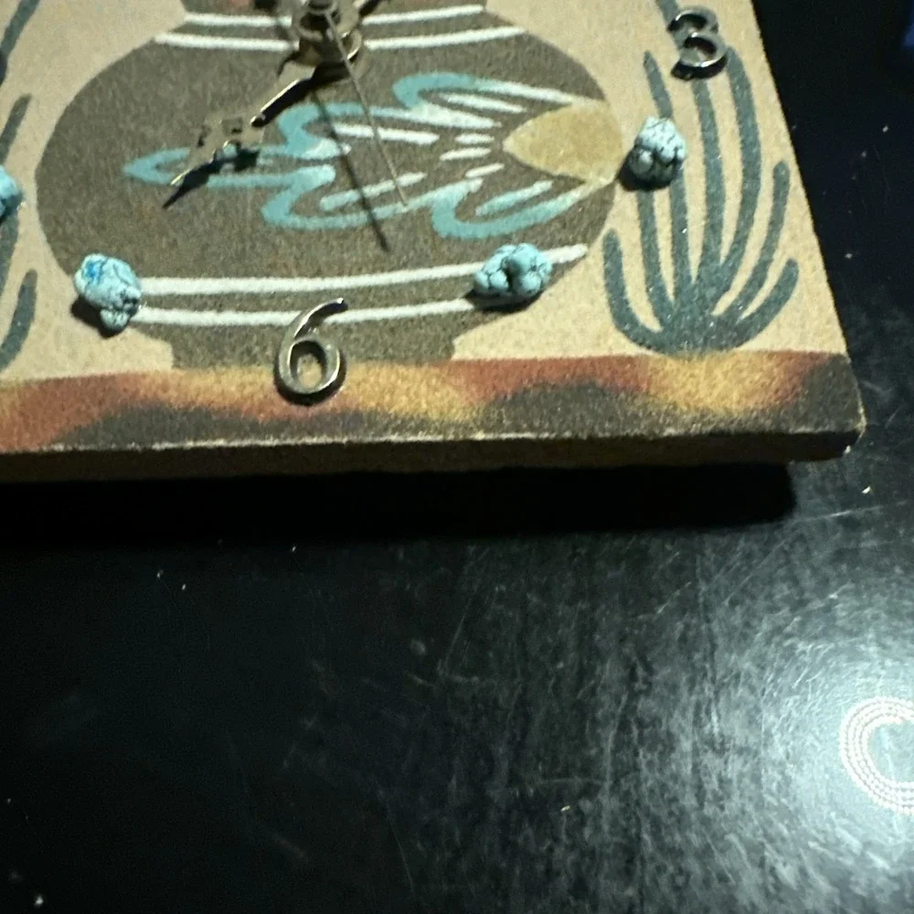 Southwestern Sand Art Wall Quartz Clock Turquoise-Look Accents Desert Pottery